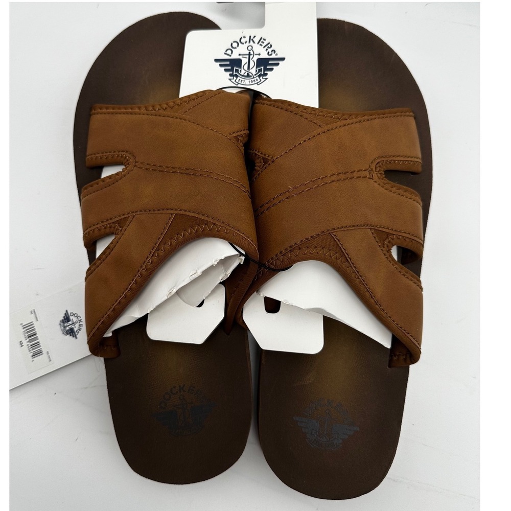NWT Dockers XXL 15-16 Mens Sandals Slides Brown Faux Leather Casual Comfort